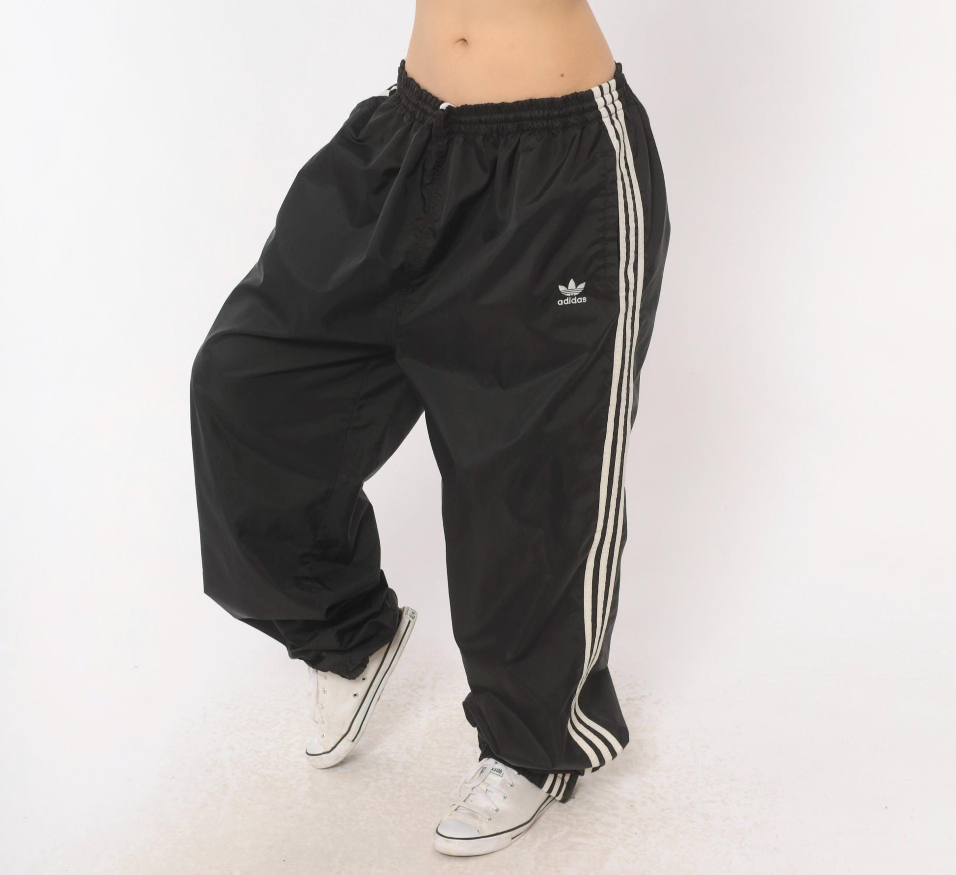 90s Adidas Track Pants Black White Three Stripe Nylon Trefoil Extra Large XL