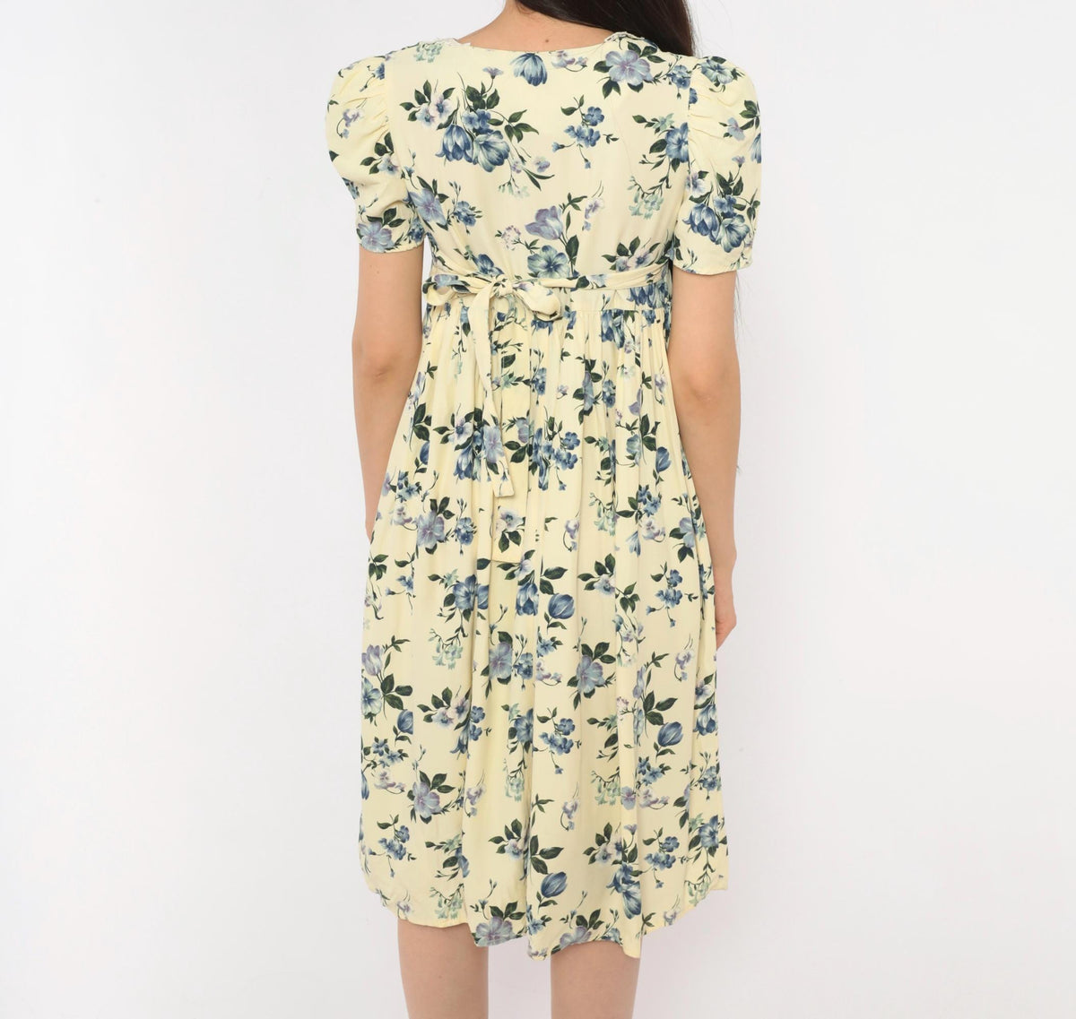 90s Swat Floral Babydoll Dress Cream Blue Puff Sleeve Lace Collar Extra Small XS