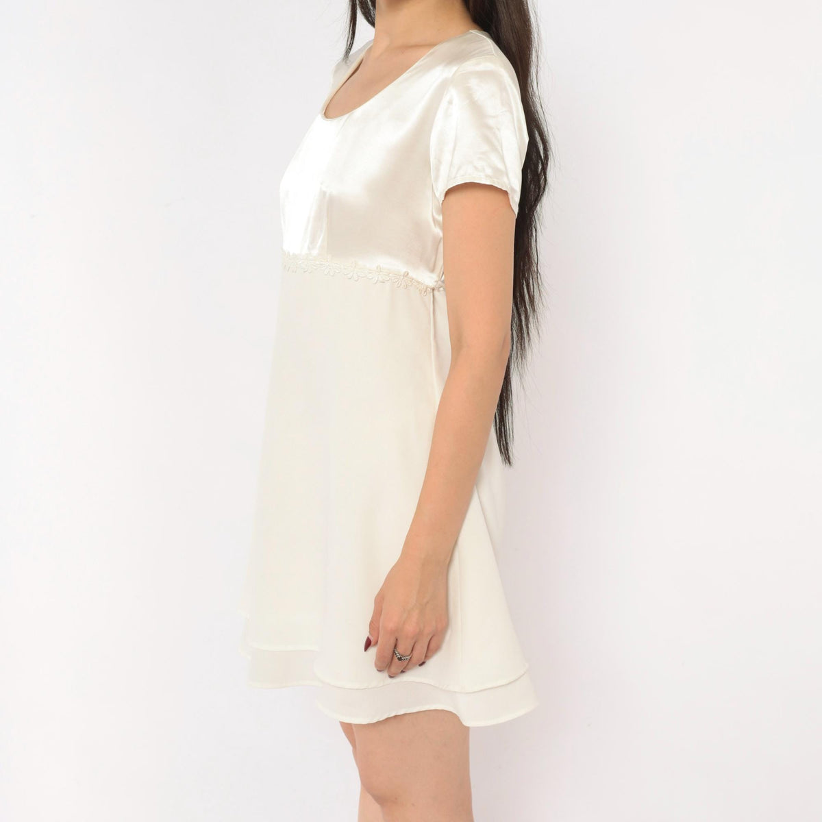 90s Byer Too! Babydoll Dress Cream Satin Empire Waist Chiffon Mini Small S