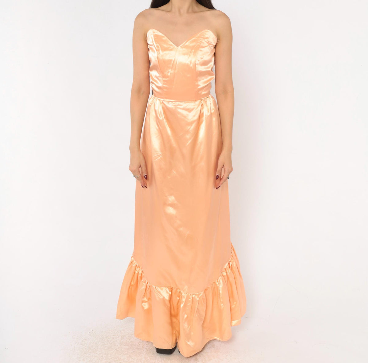 80s Peach Satin Strapless Maxi Gown Sweetheart Neckline Lace Bustle Small