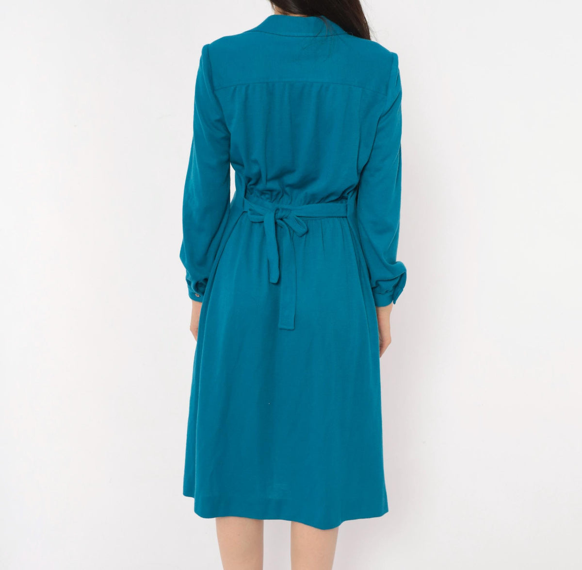 70s Schrader Sport Petites Teal Wool Shirt Dress Tie Waist A-Line Medium M