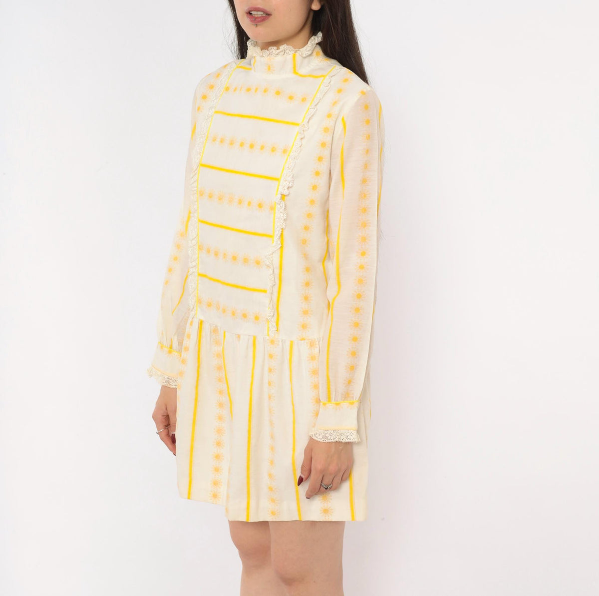 60s Miss Brent Daisy Stripe Mini Dress Yellow Cream Lace High Neck Long Sleeve Extra Small