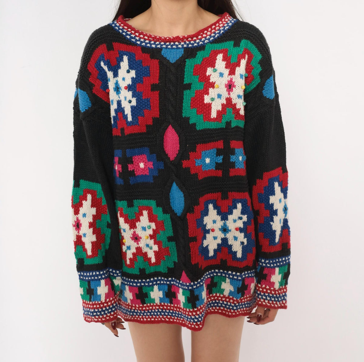 90s Hunter's Run Southwestern Patchwork Beaded Knit Pullover Black Small