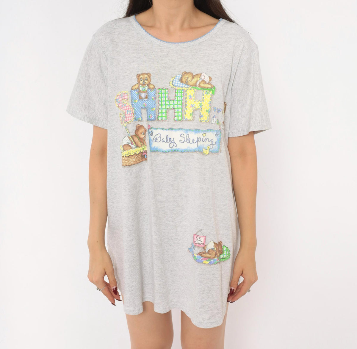 90s New Addition Maternity Sleep Shirt Grey Teddy Bear Graphic Medium