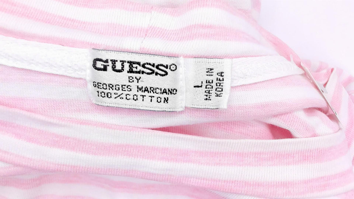 Guess Jeans USA Pink White Striped Cotton Tee Embroidered Logo Large