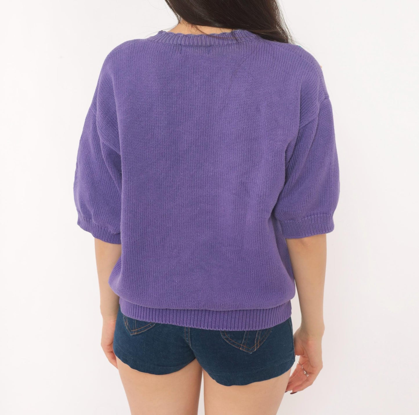 80s Koret Francisca Purple Floral Embroidered Henley Sweater Cotton Medium M