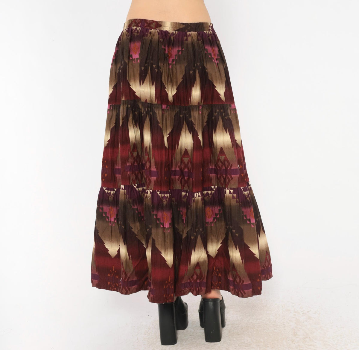 90s Circle T Southwestern Maxi Skirt Geometric Print Burgundy Cotton Medium