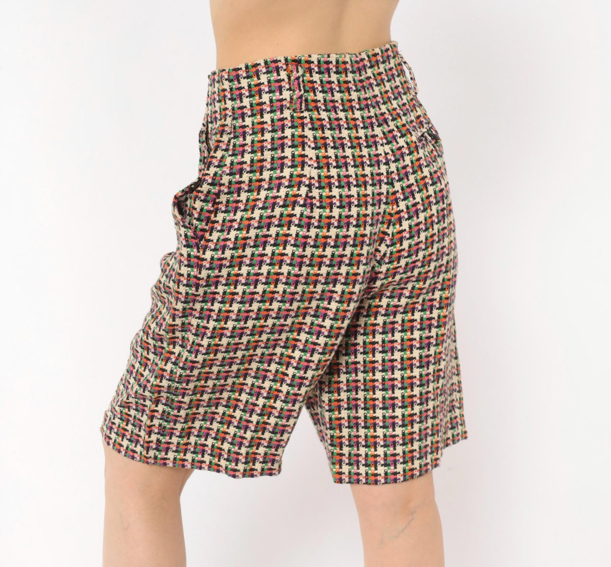 90s For Pete's Sake Houndstooth Pleated Bermuda Shorts Multicolor Linen Small
