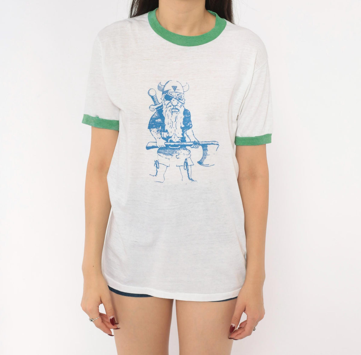 80s Sport-T Viking Ringer Tee White Green Trim Graphic Medium M