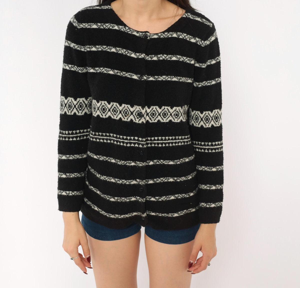 90s Moda International Fair Isle Cardigan Black White Wool Knit Medium M