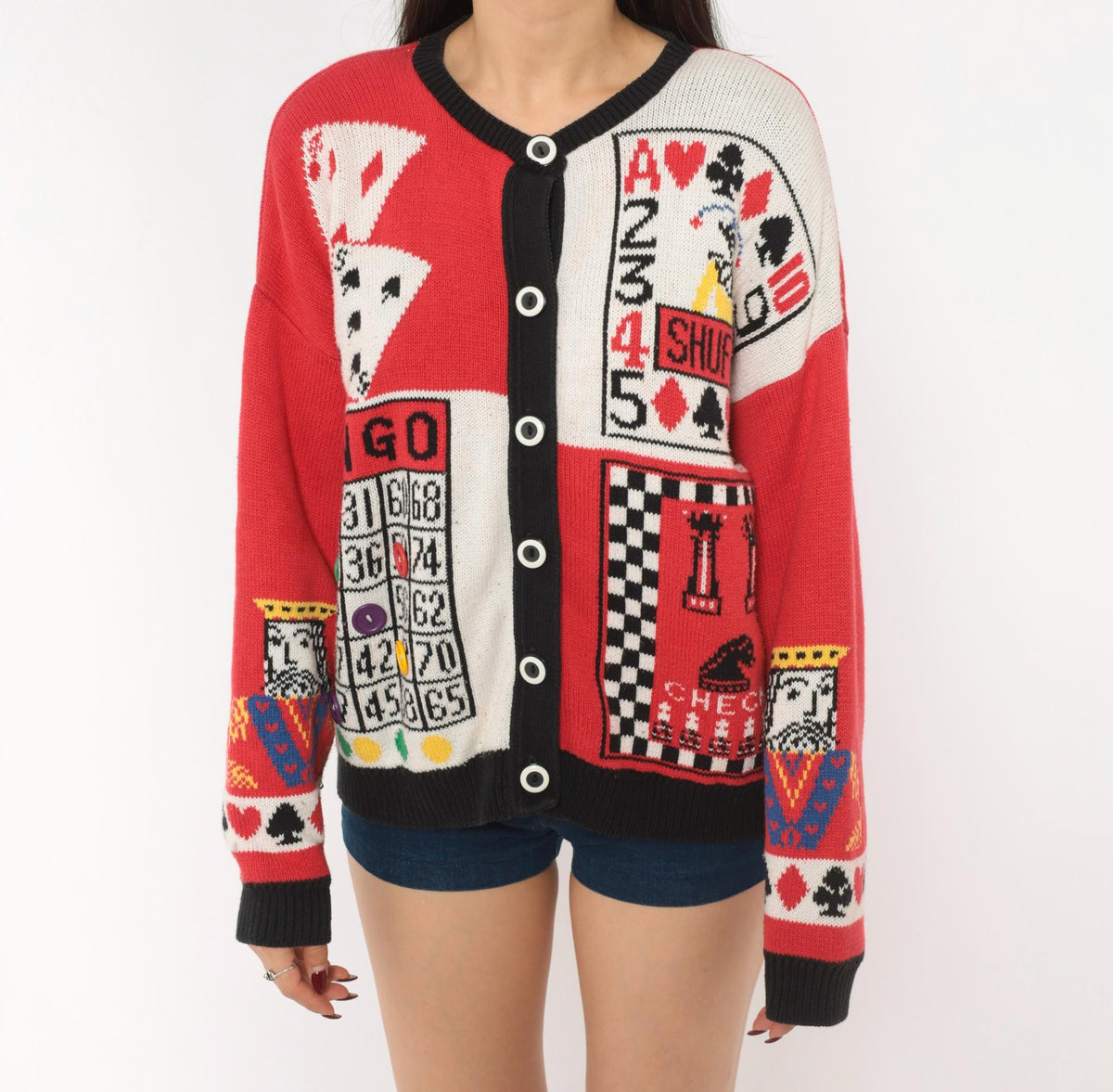 90s Casual Corner Cardigan Red Black Game Night Novelty Knit Large L