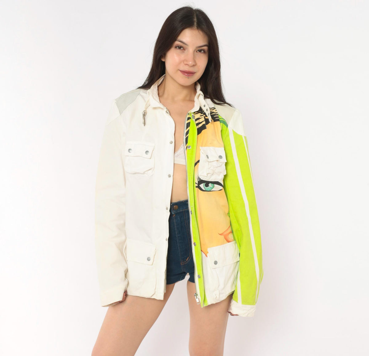 Y2K Custo Barcelona Pop Art Face Jacket White Lime Green Cotton Small S