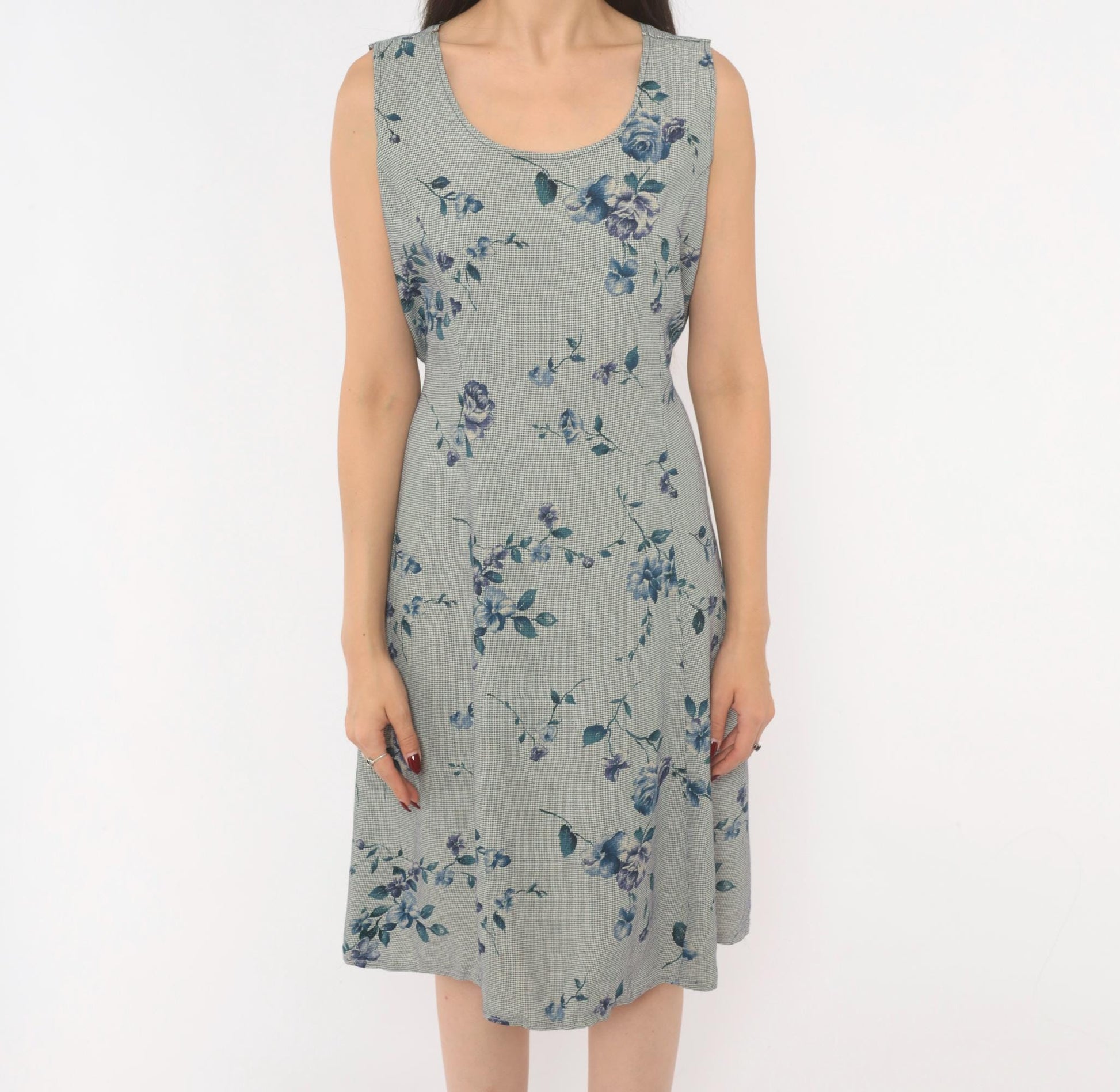90s Floral Gingham Sundress Blue Rose Print Knee Length A-Line Medium M