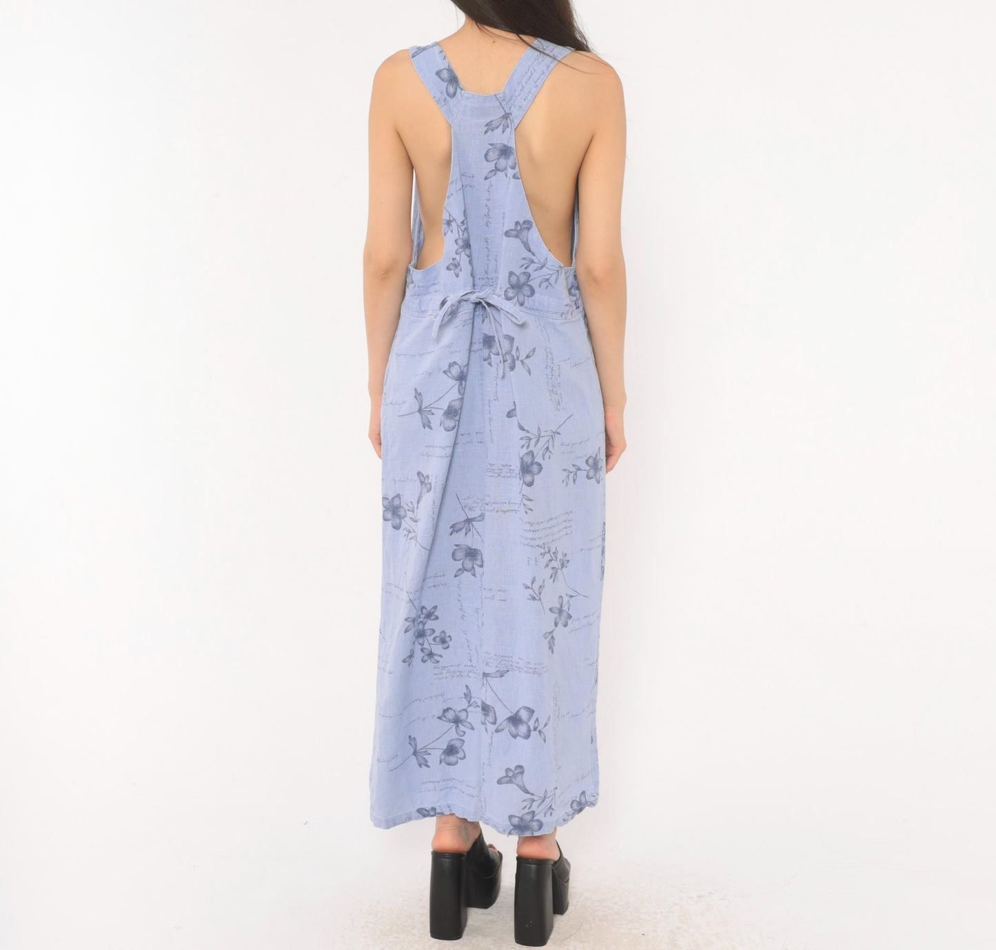 2000s Sweet Jessie Periwinkle Linen Maxi Dress Botanical Print Square Neck Medium M