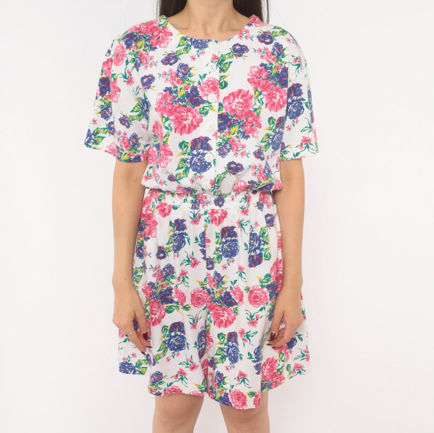 90s Jason Maxwell Floral Romper White Pink Rose Print Cotton Playsuit Medium