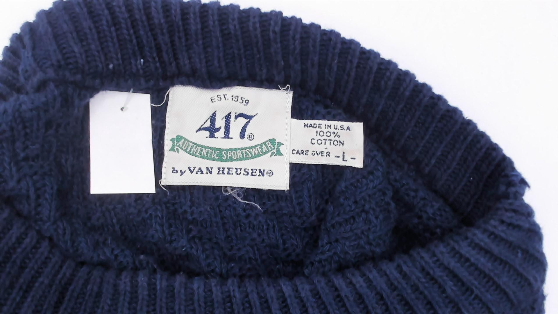 90s Van Heusen Navy Cable Knit Sweater Cotton Crewneck Pullover Large L