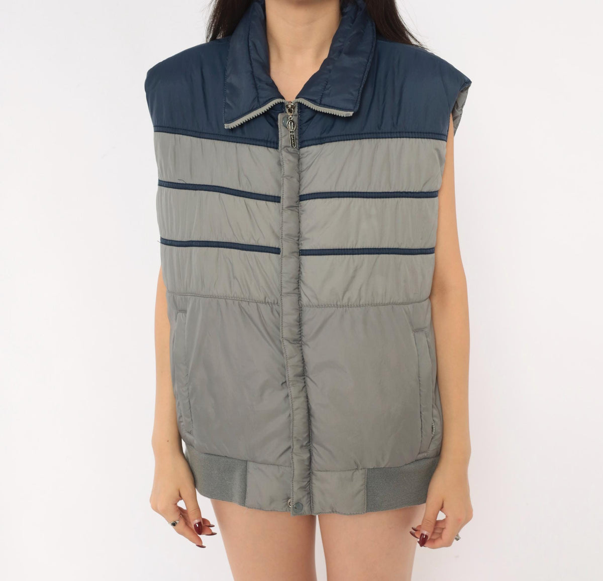 80s Ossi Navy Grey Color Block Puffer Vest Quilted Mens Medium