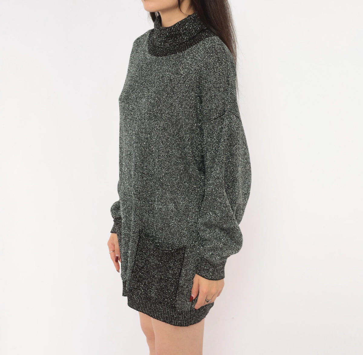80s Black Silver Lurex Knit Mini Dress Cowl Turtleneck Balloon Sleeve Medium