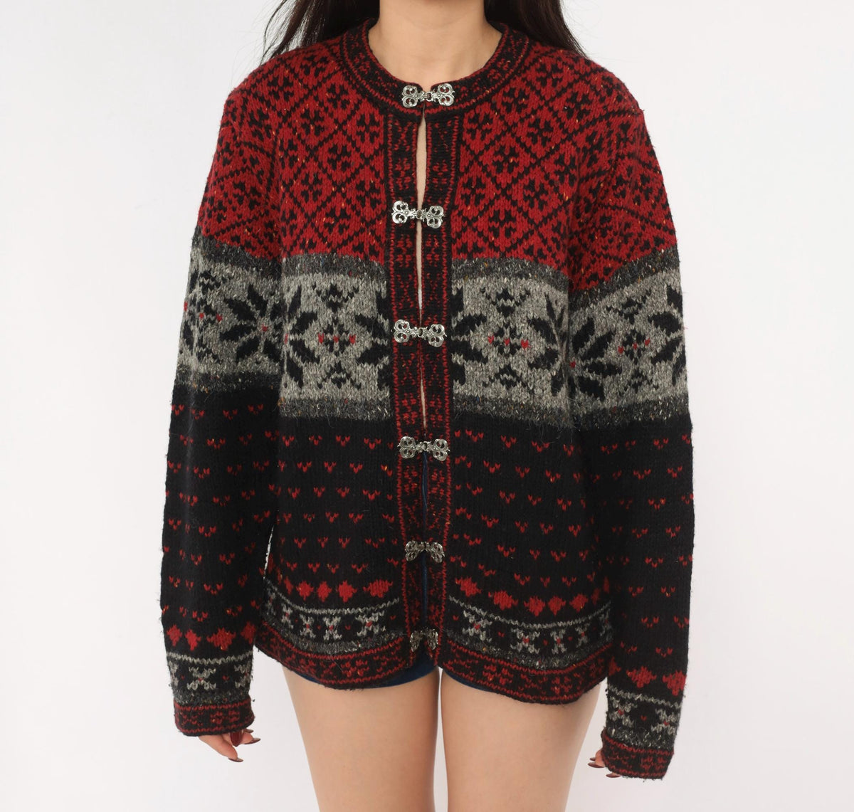 90s Croft & Barrow Nordic Cardigan Wool Blend Fair Isle Snowflake Black Grey Medium M