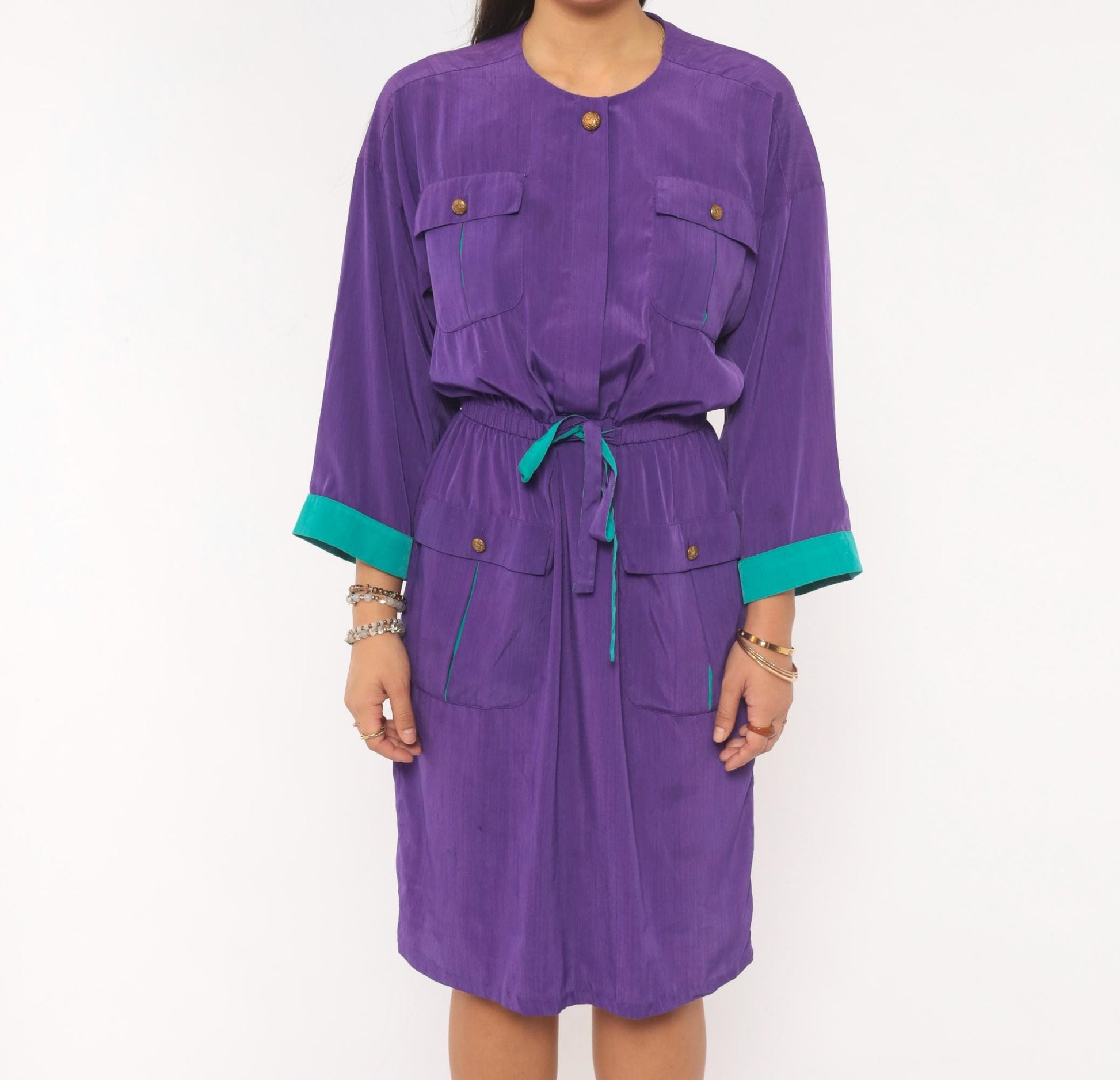 80s Leslie Fay Purple Safari Dress Knee-Length Utility Pockets Teal Trim Medium