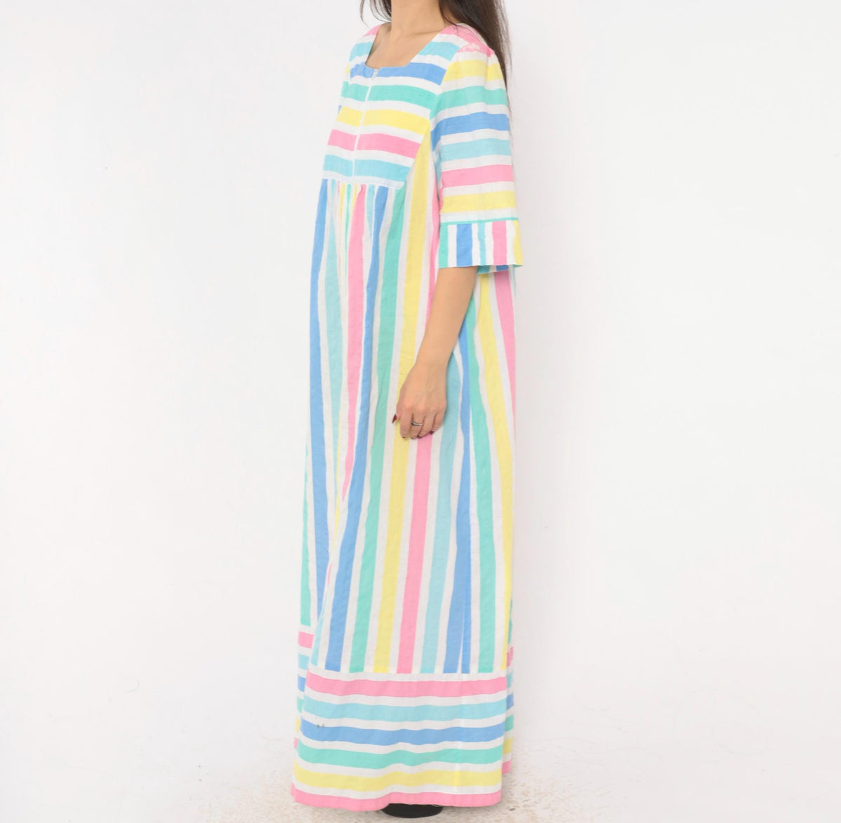 80s Saybury Pastel Striped Maxi Dress Square Neck Empire Waist Extra Large