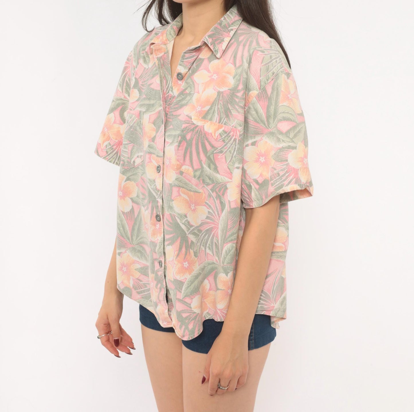 90s Essentials Sport Hawaiian Shirt Pink Coral Floral Camp Collar Cotton Large L