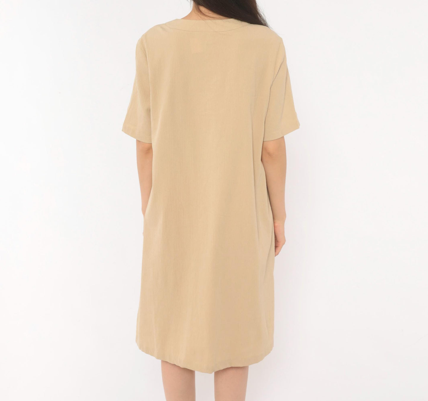 2000s The Tog Shop Petites Button Front Shift Dress Tan Square Neck Medium