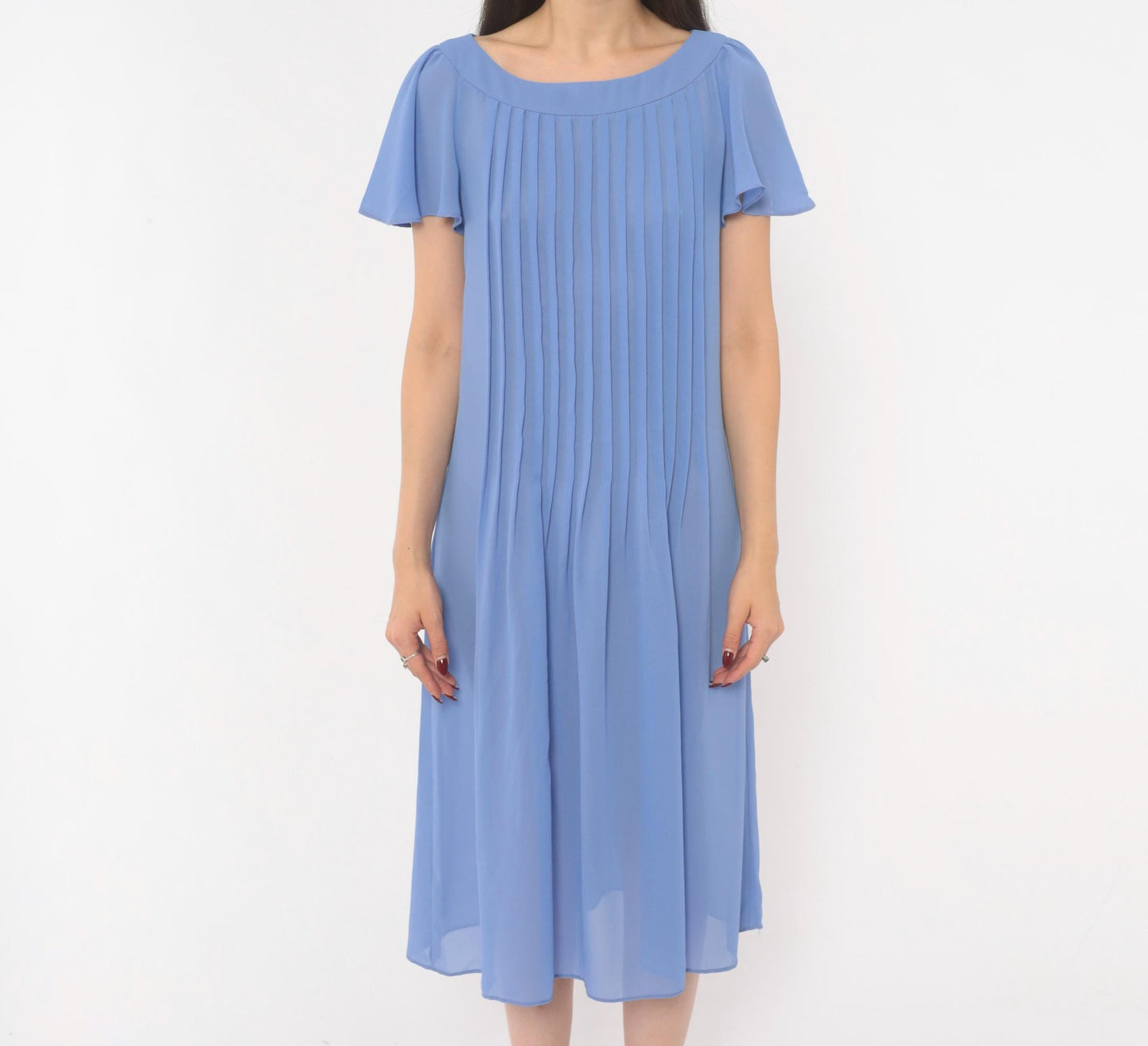 80s David Morris Periwinkle Pintuck Midi Dress Flutter Sleeve Small