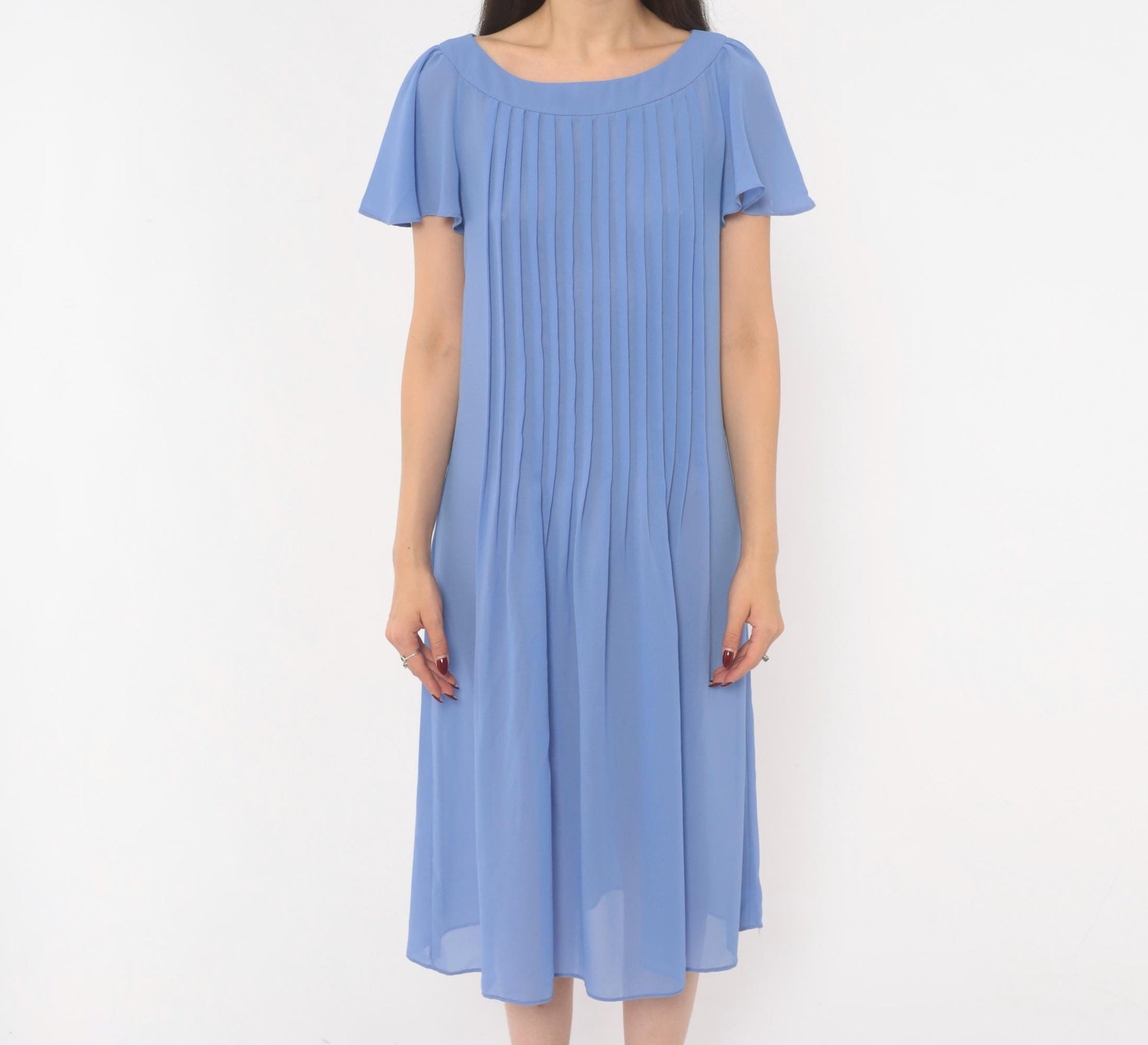 80s David Morris Periwinkle Pintuck Midi Dress Flutter Sleeve Small
