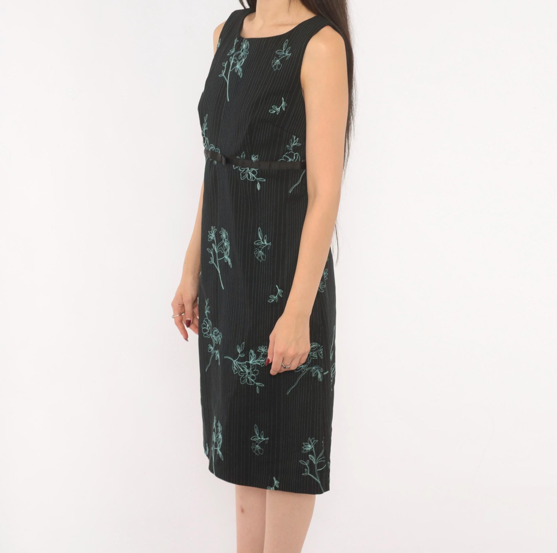 90s Rabbit Black Floral Embroidered A-Line Dress Blue Pinstripe Medium M
