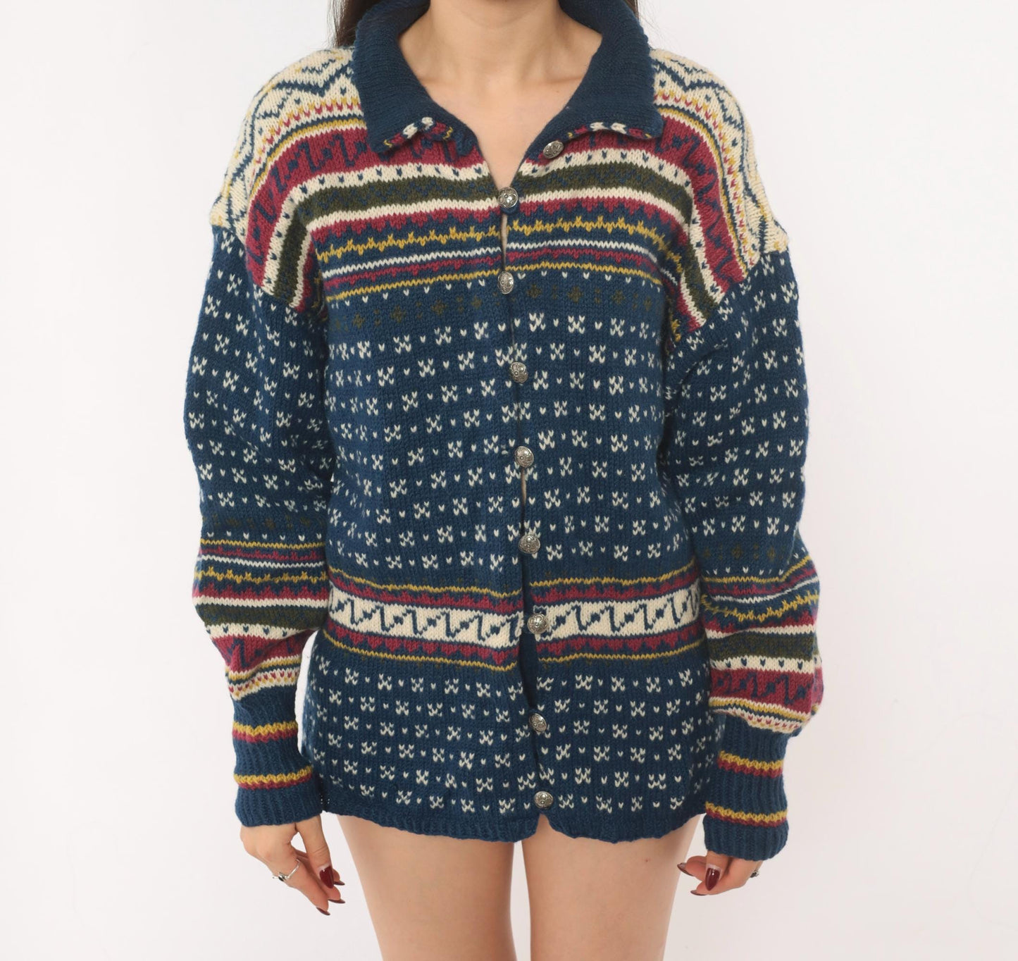 90s Husfliden Norwegian Fair Isle Wool Cardigan Navy Cream Burgundy Medium M