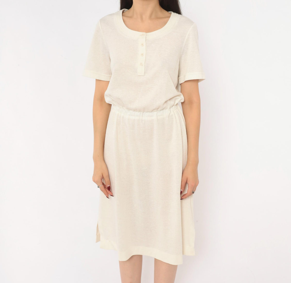 70s Cream Henley Dress Button Front A-Line Knee Length Short Sleeve Small Medium