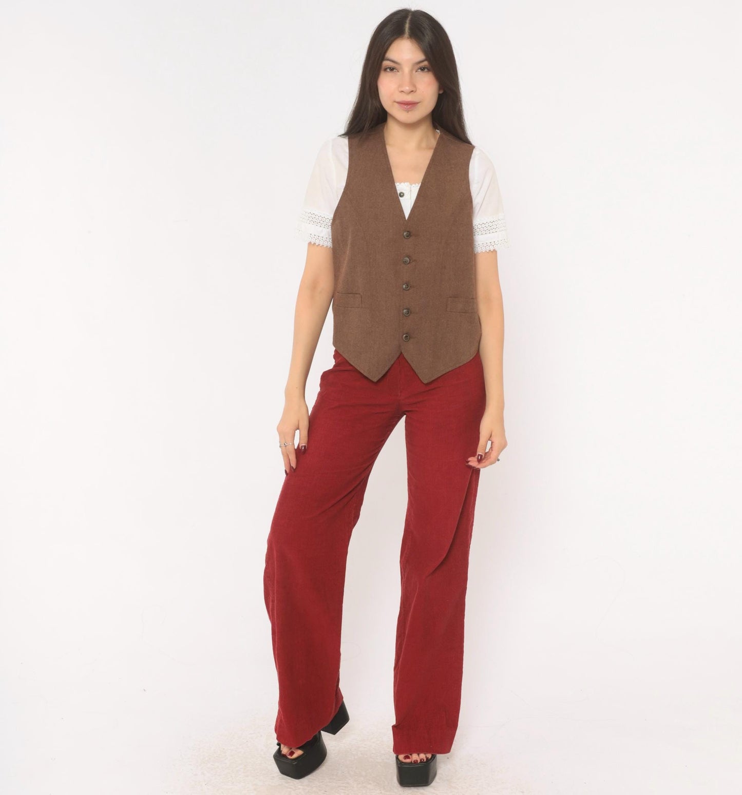 70s Angels Flight Wool Herringbone Vest Brown V-Neck Button Front Small S