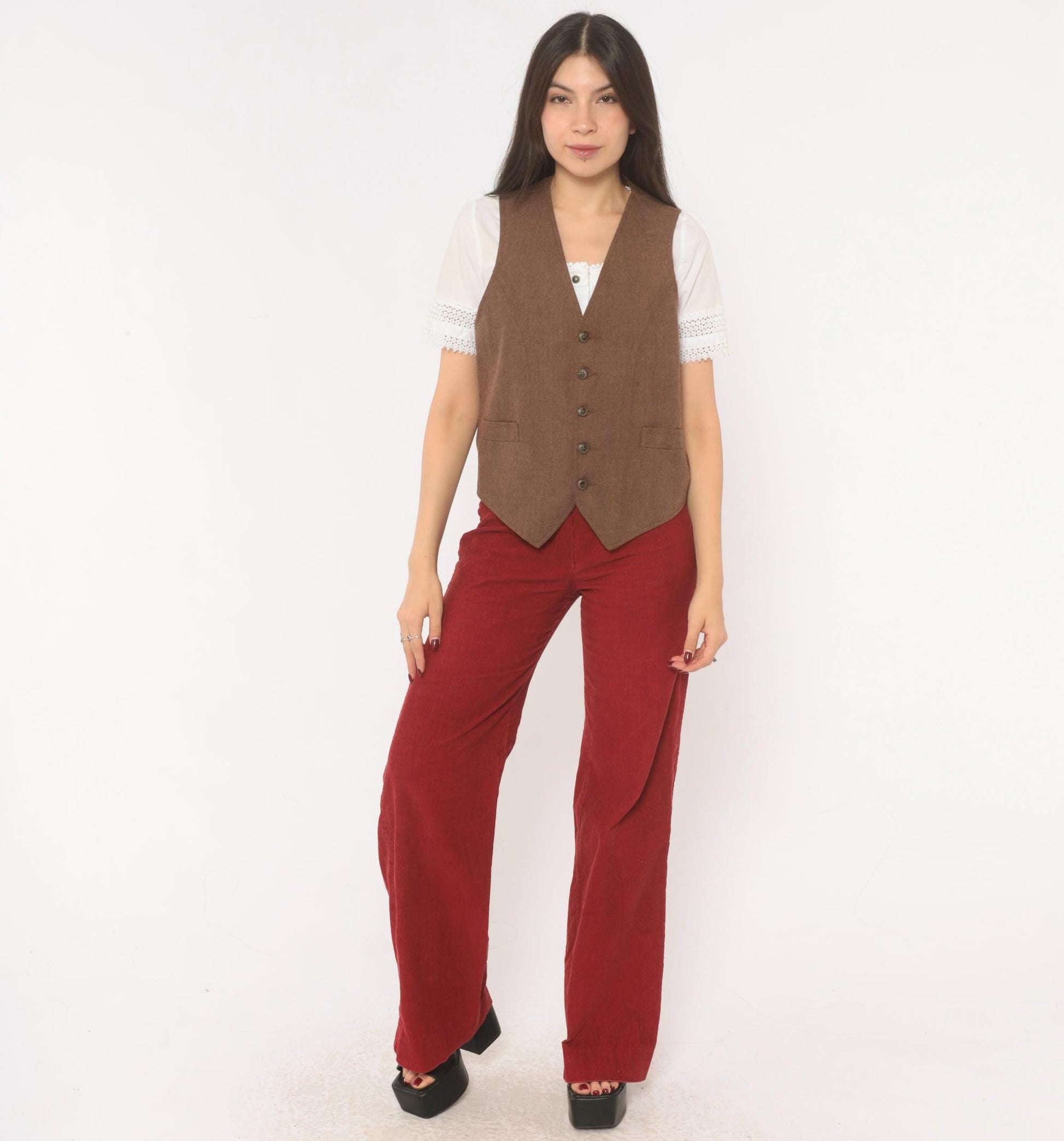 70s Angels Flight Wool Herringbone Vest Brown V-Neck Button Front Small S