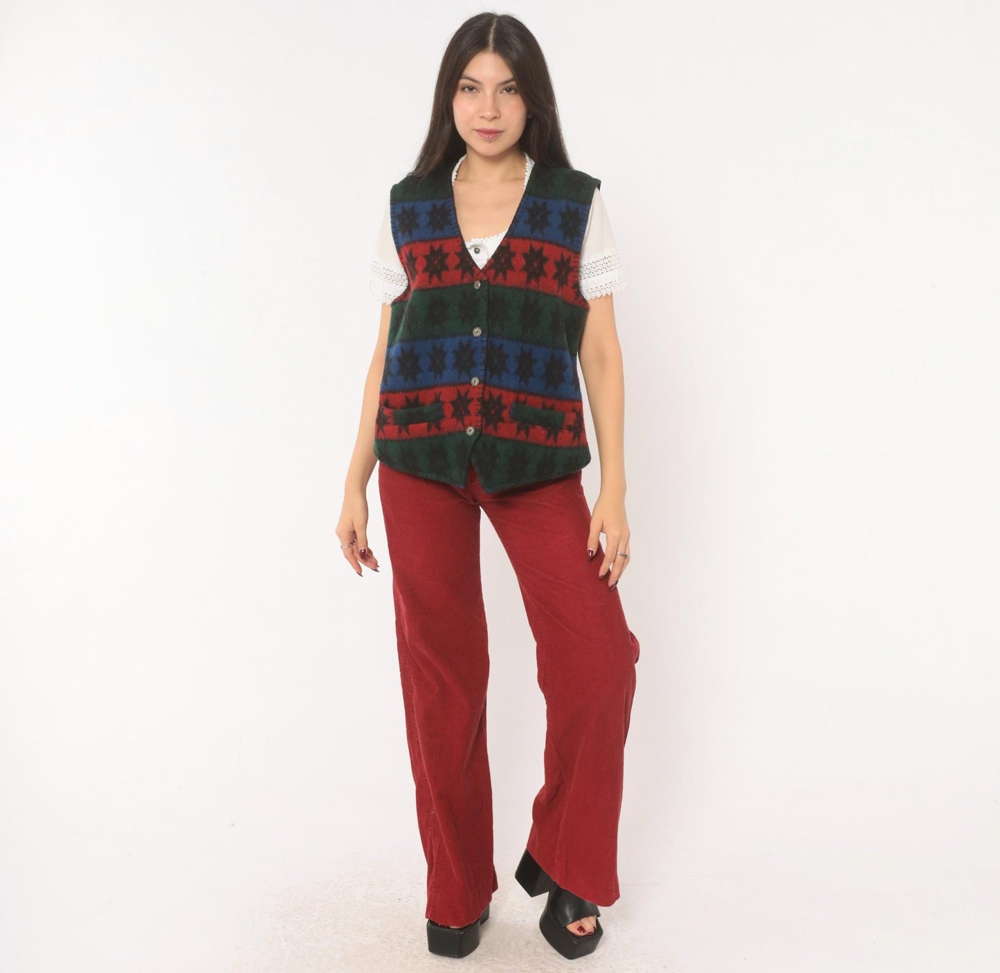 90s Erika Wool Vest Star Pattern Striped Navy Burgundy Forest Green Medium M