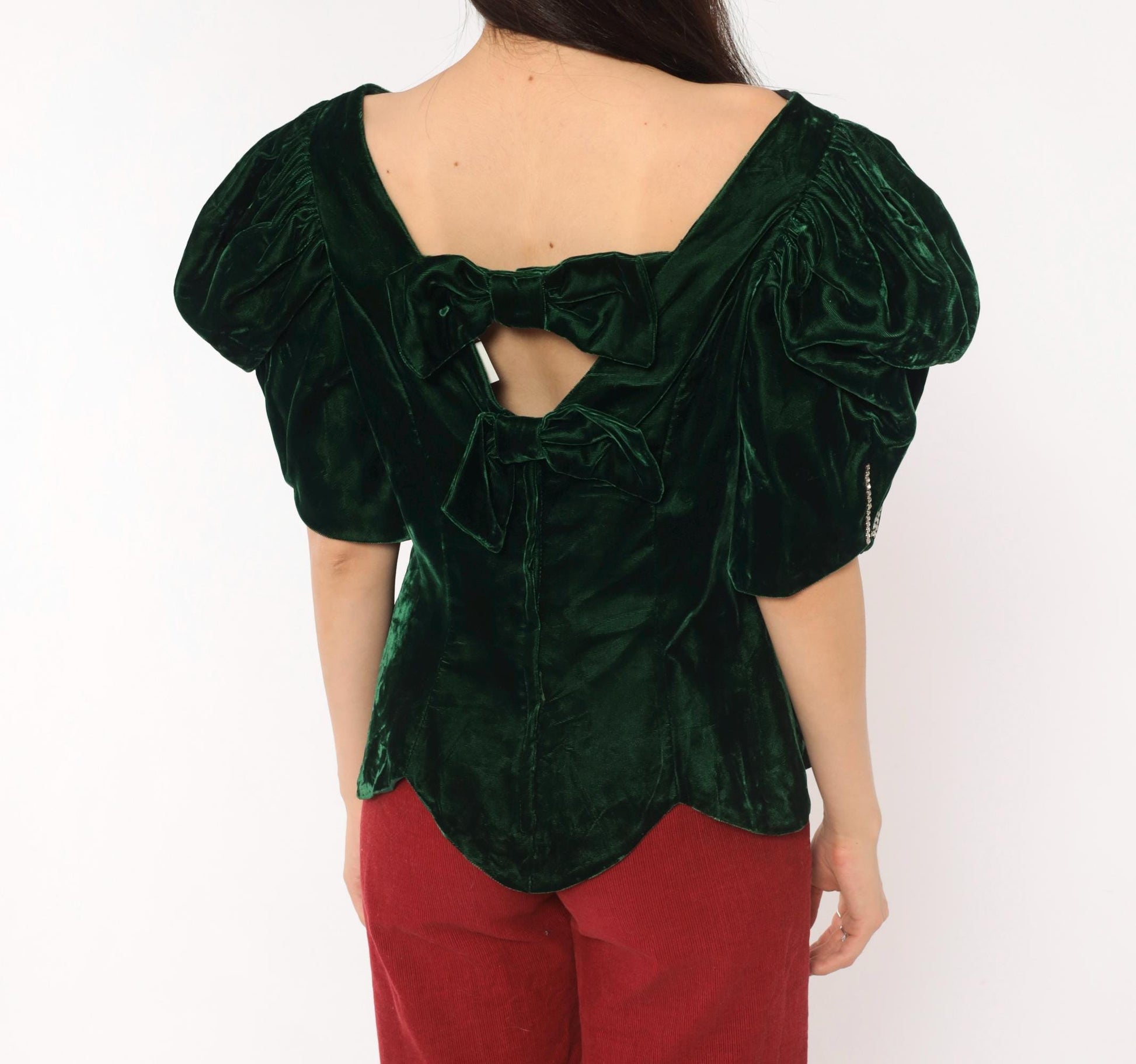 80s Emerald Velvet Puff Sleeve Blouse Forest Green Bow Back Rhinestone Medium