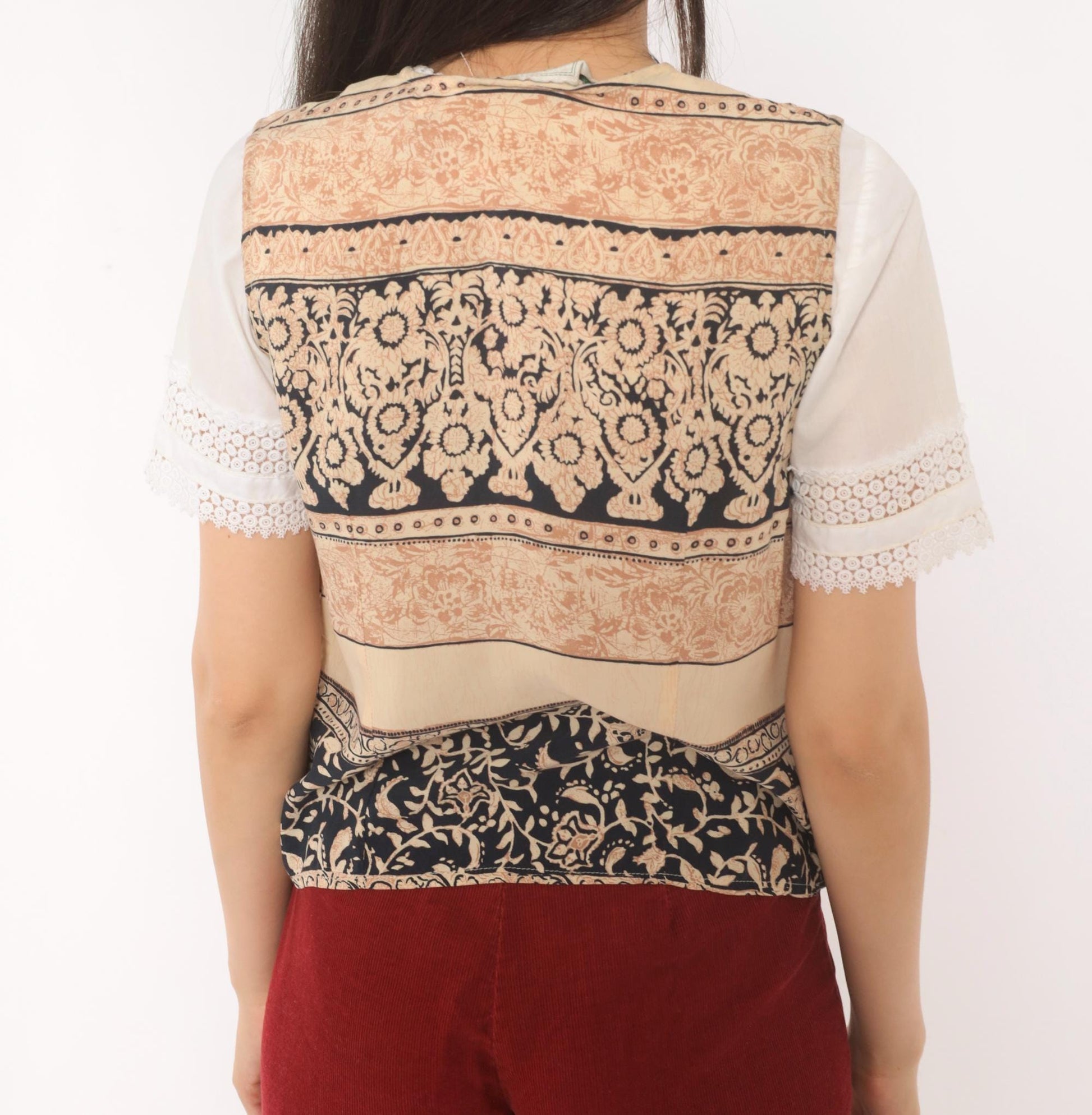 90s L'Amadei Block Print Vest Cream Navy Floral Damask Small S