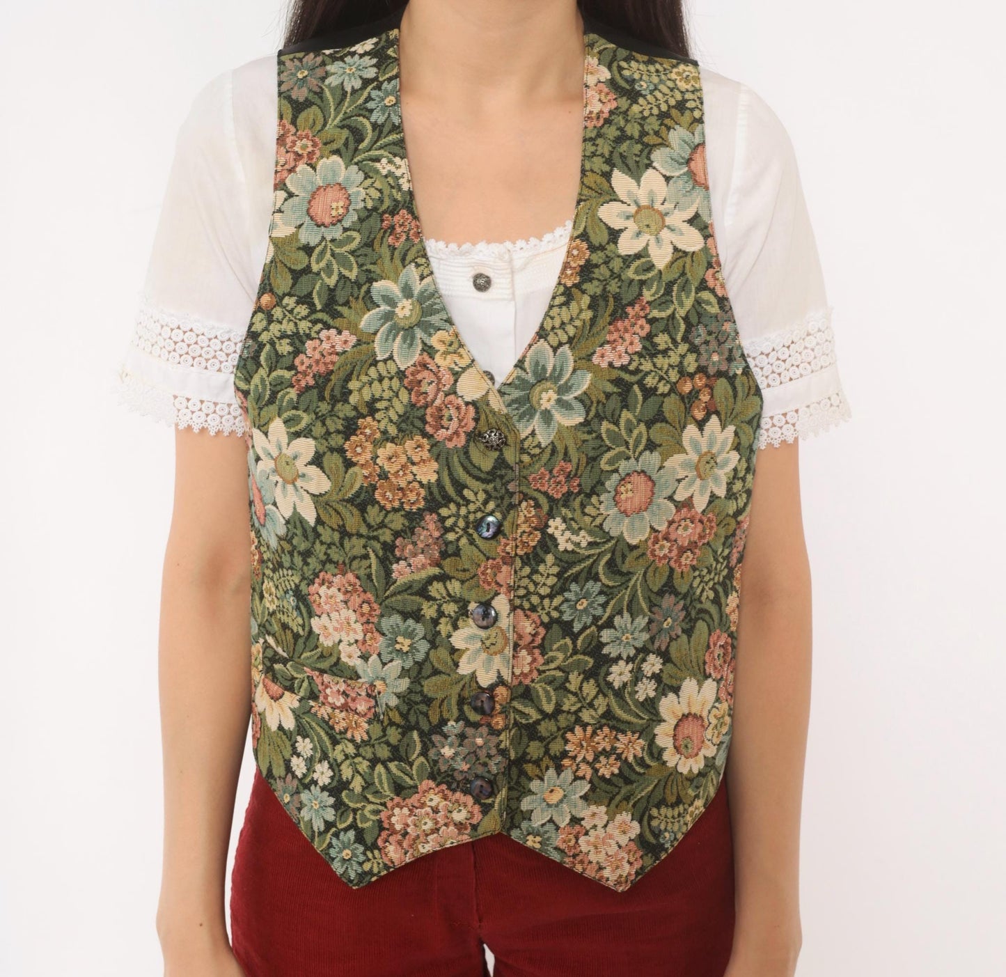 90s Di Di Scott Floral Tapestry Vest Button Front V Neck Olive Green Pink Small