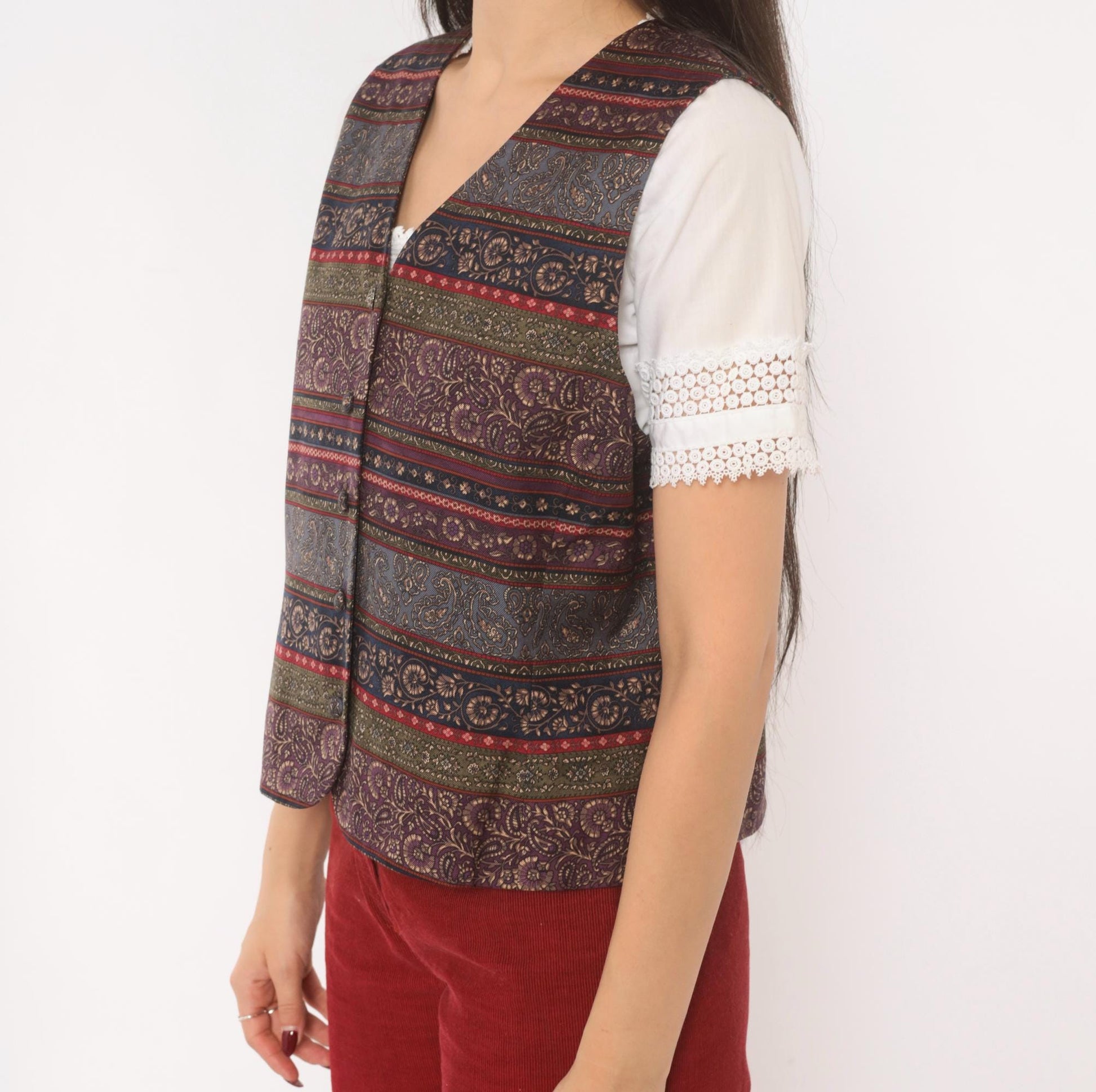 90s Talbots Paisley Silk Vest V-Neck Plum Navy Jacquard Medium M