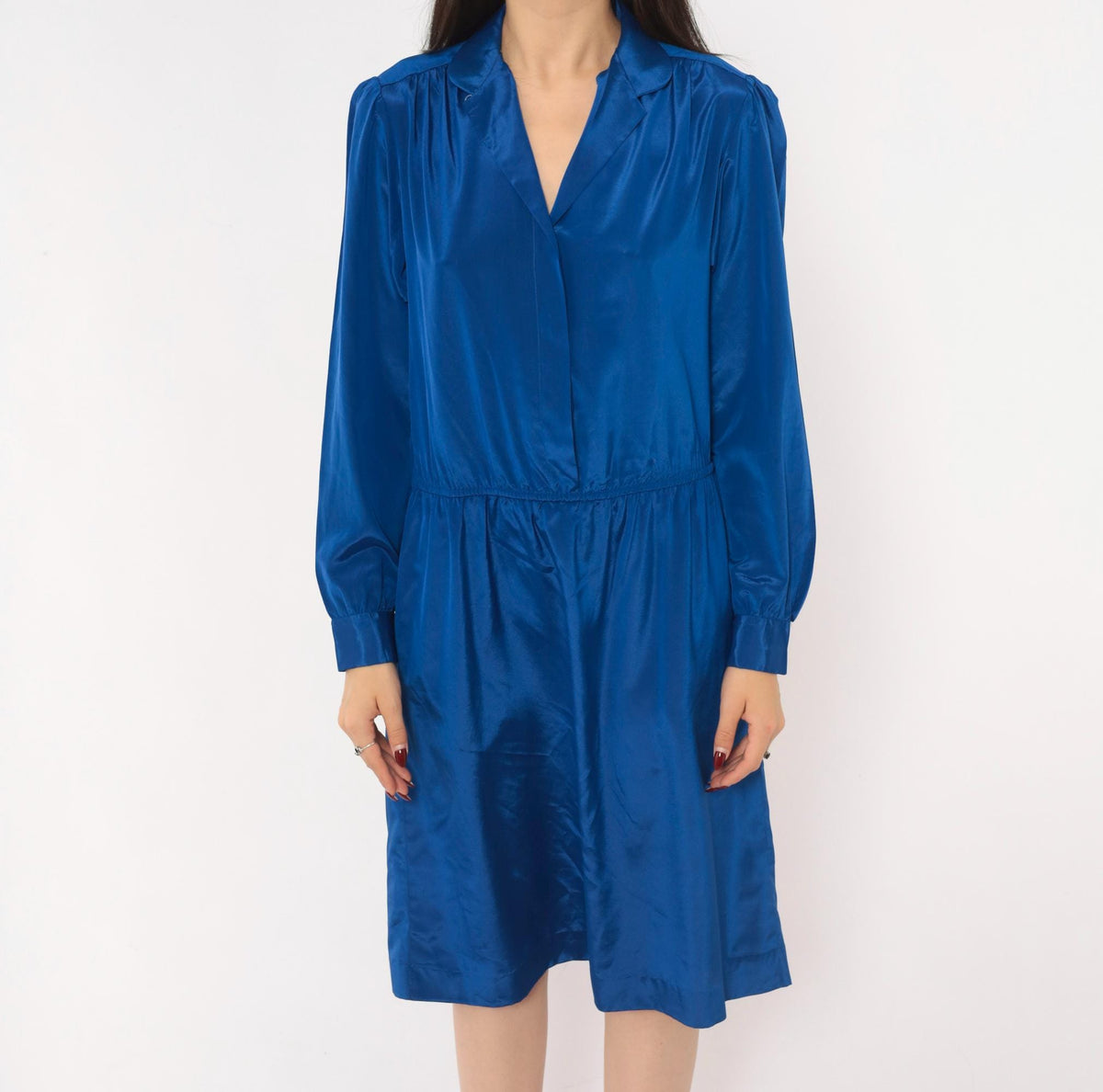80s Cobalt Blue Satin Shirt Dress V Neck Gathered Waist Knee Length Medium M