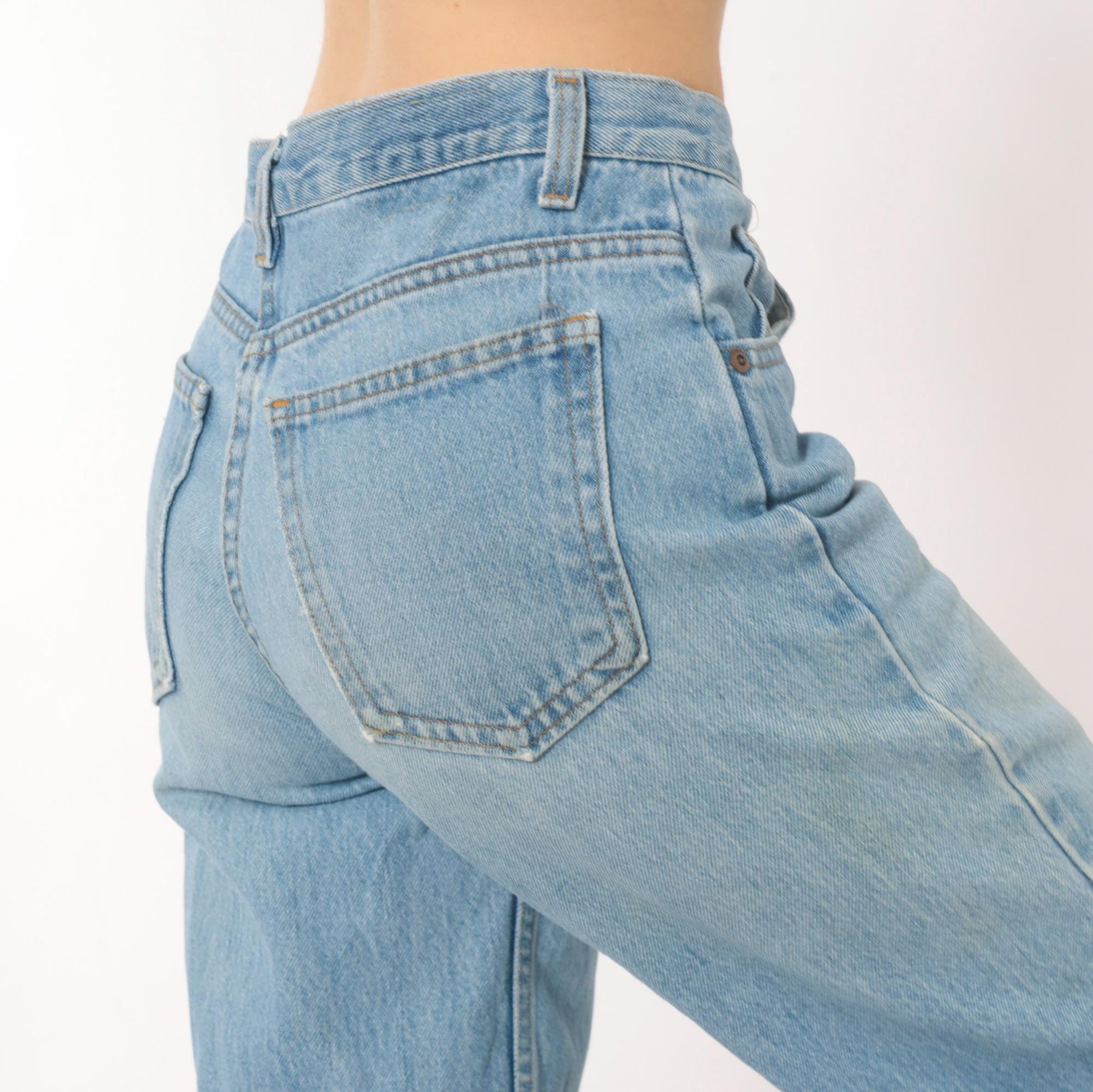 90s Light Wash Straight Leg High Rise Jeans Distressed Knee Rip Denim Small