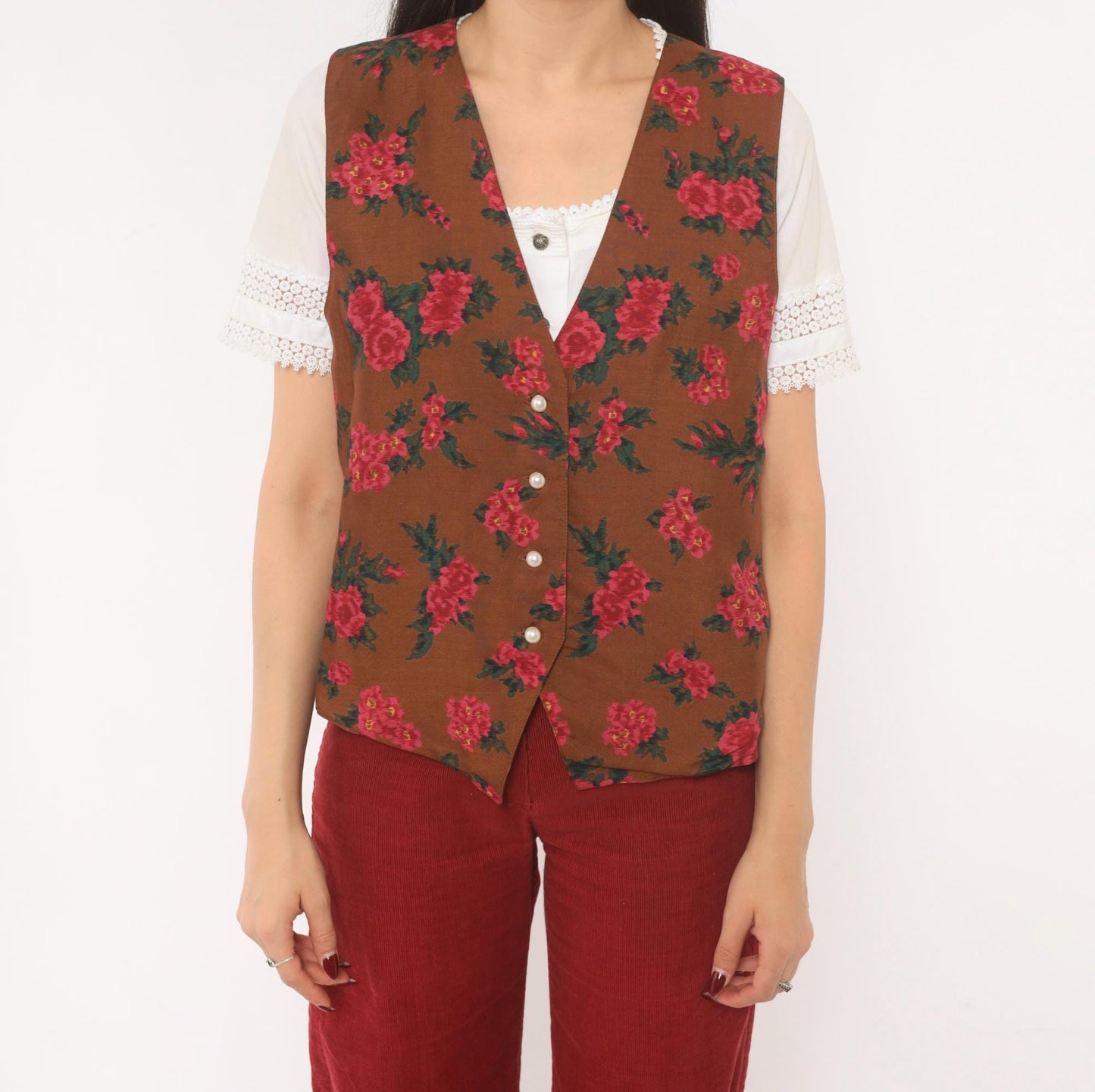 90s Karen Scott Floral Vest Brown Pink Rose Button Front Tie Back Small