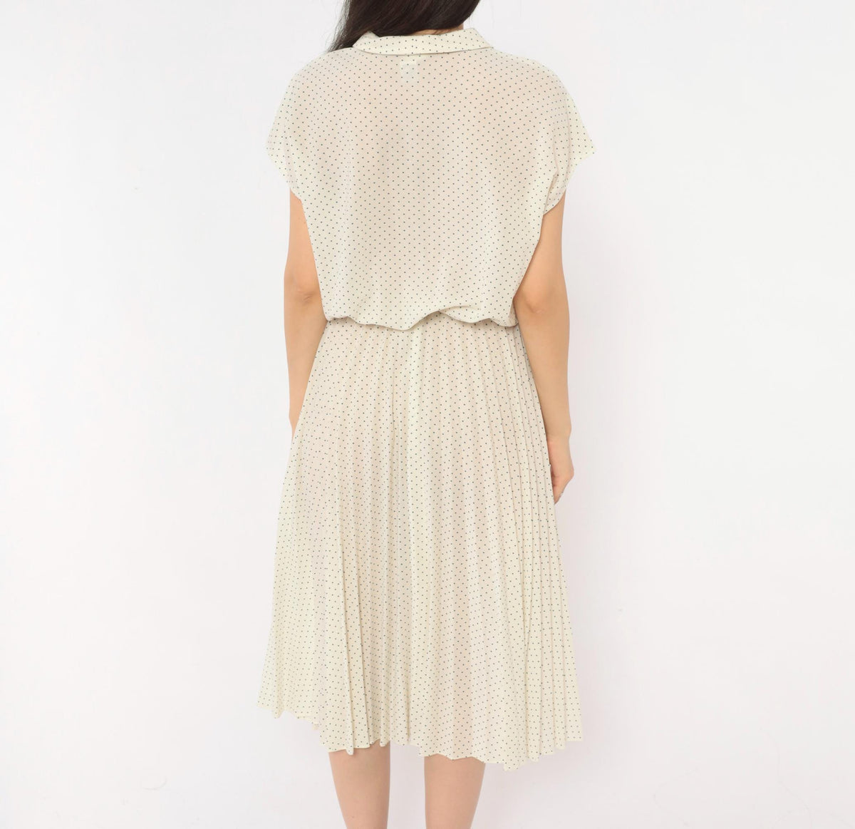 70s Promises Promises Polka Dot Dress Cream Navy Cap Sleeve Knee Length Small
