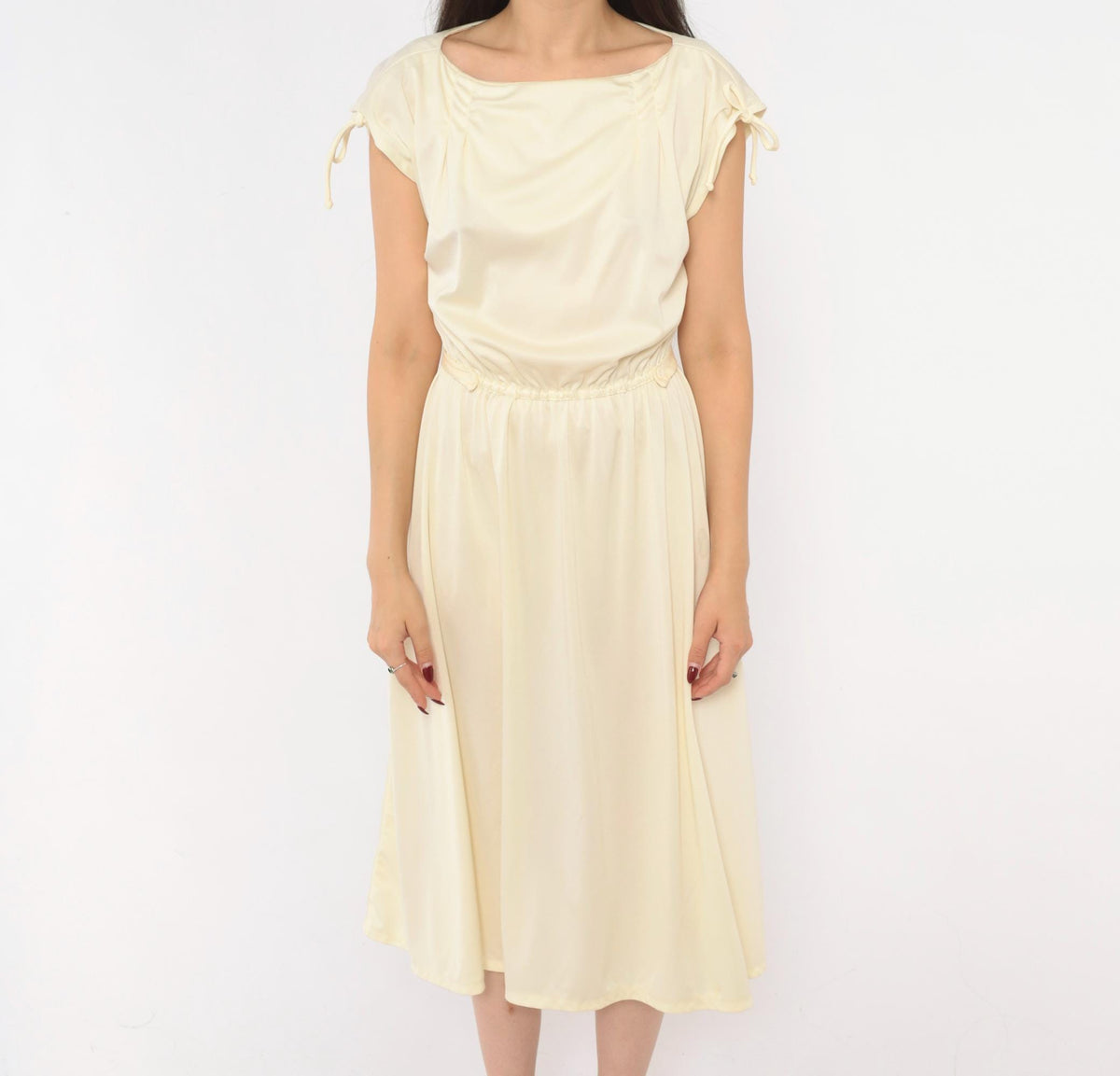70s Cream Cap Sleeve Dress Ivory A-Line Midi Bow Detail Scoop Neck Small