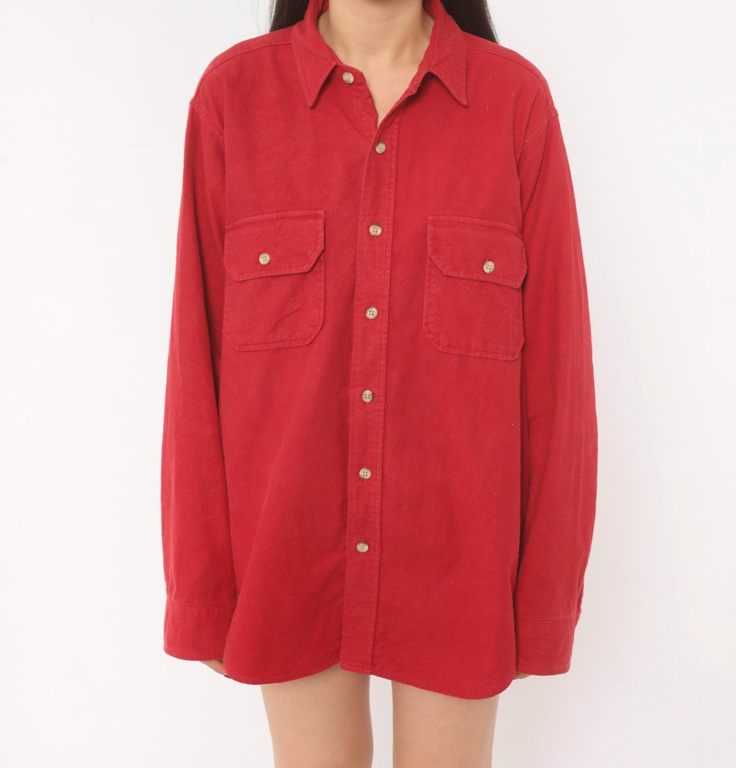 Woolrich 90s Red Cotton Flannel Button-Up Shirt Dual Chest Pocket Large L
