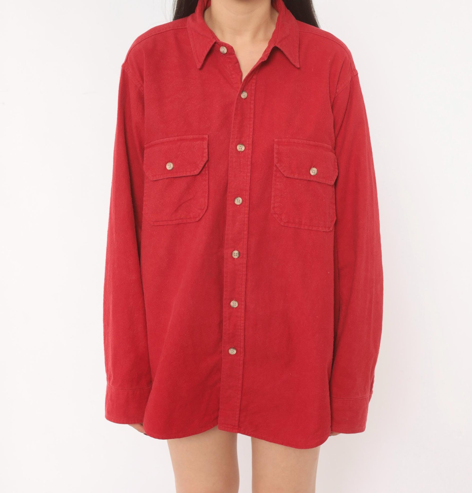 Woolrich 90s Red Cotton Flannel Button-Up Shirt Dual Chest Pocket Large L