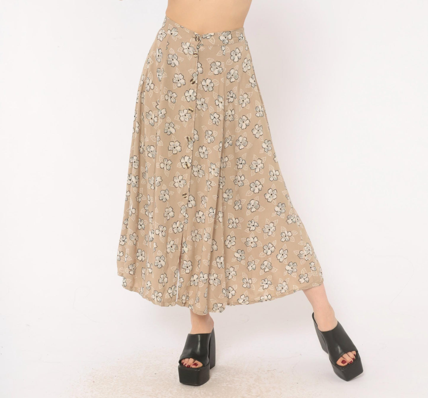 90s Tan Floral Maxi Skirt A-Line Button Front Elastic Waist Medium