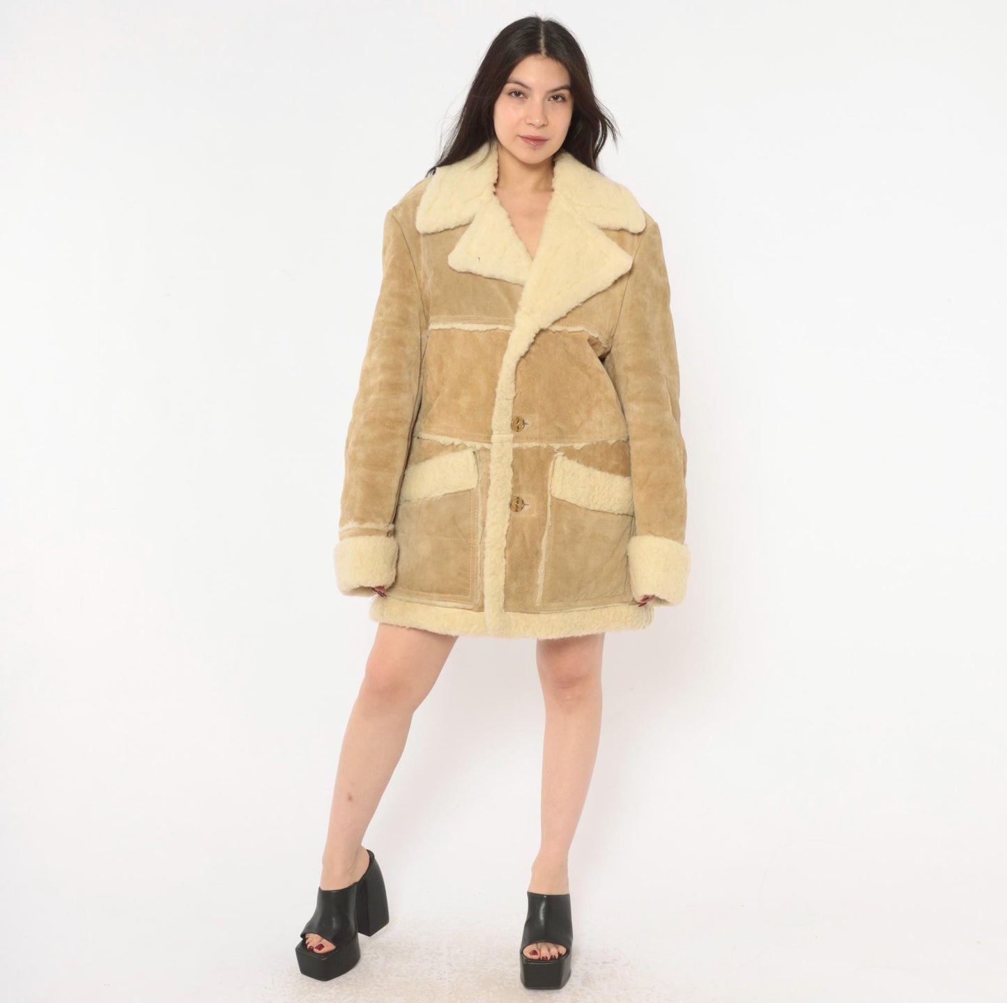 70s Tan Suede Shearling Jacket Wool Lined Cream Sherpa Collar Extra Large XL
