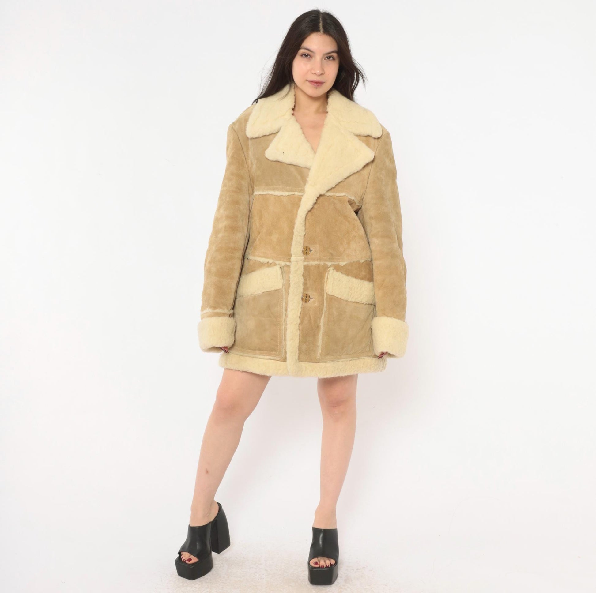 70s Tan Suede Shearling Jacket Wool Lined Cream Sherpa Collar Extra Large XL