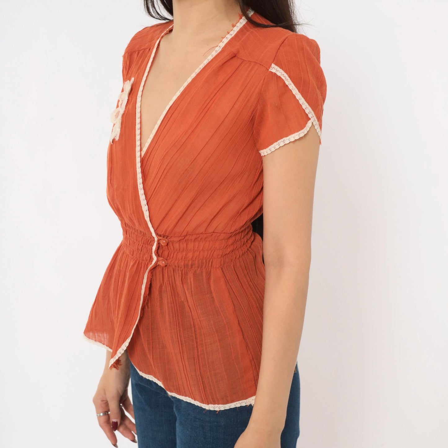 70s Burnt Orange Floral Lace Wrap Blouse Puff Sleeve Cream Trim Small